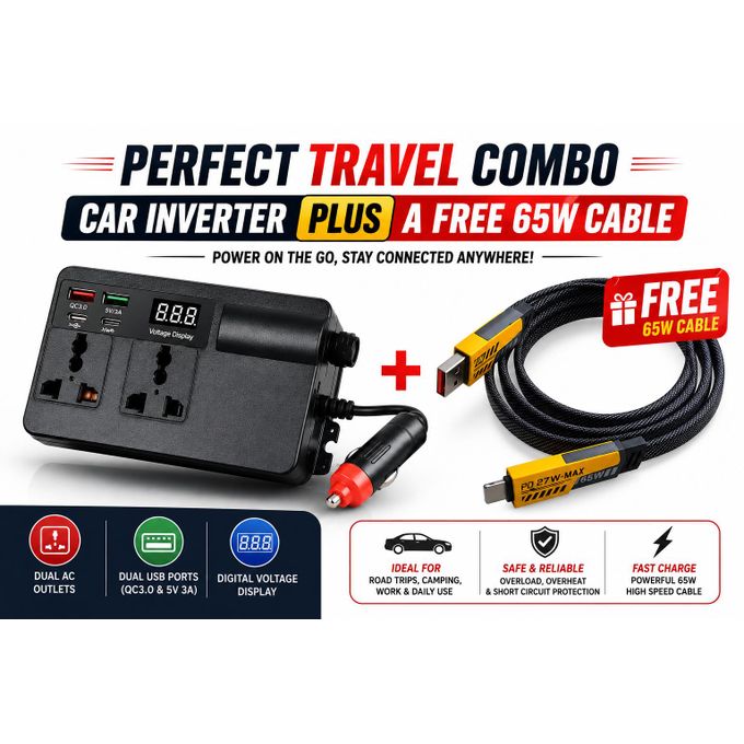 CAR INVERTER 200W PLUS FREE 65W 4 IN 1 DATA CABLE C TO C
