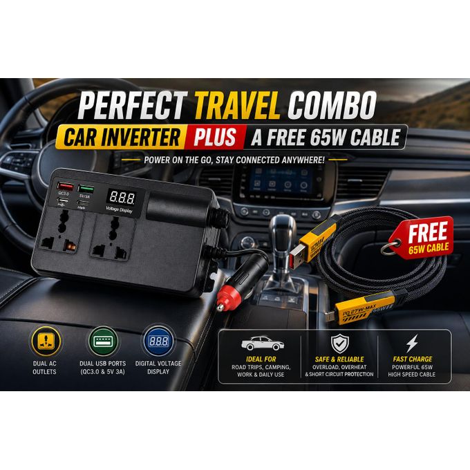 CAR INVERTER 200W PLUS FREE 65W 4 IN 1 DATA CABLE C TO C — view 4