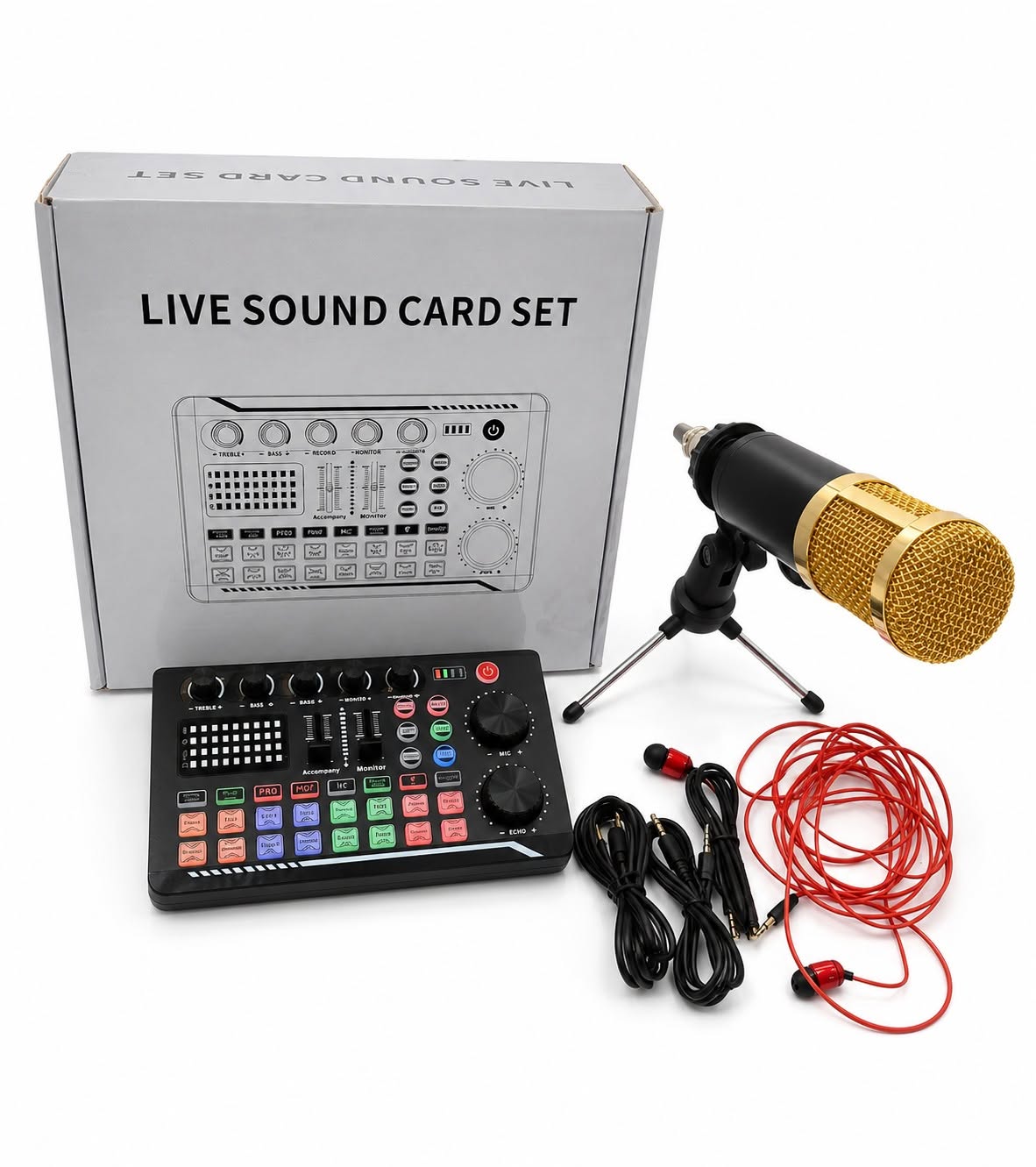 Live Sound Card Set with Professional Microphone, Audio Mixer and Cables