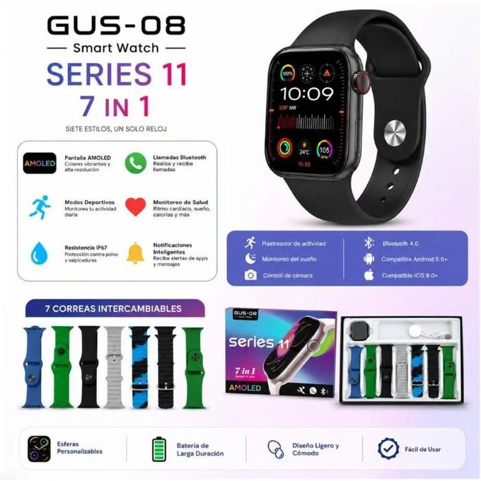 GUS-08 Series 11 Smartwatch 7-in-1 Gift Set – AMOLED Display, Bluetooth Calling, Health Monitor, Smart Notification, & 7 Interchangeable Straps