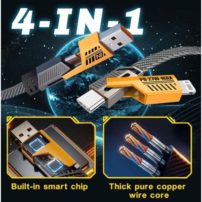 Original 4 IN 1 Charging Cable USB A/USB C To Type-C & Lightning 65W Fast & Turbo Charging Cable
